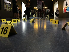 people sitting and standing inside building with numbers on floor