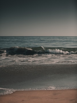 A serene ocean scene with gentle waves approaching a sandy beach under a slightly overcast sky. The water appears calm, and the natural hues create a soothing atmosphere.