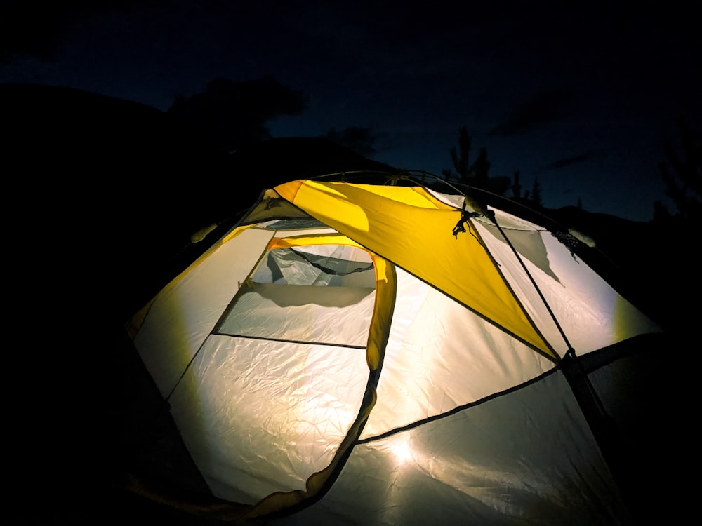 lights inside white and gray tent