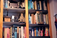 A wooden shelf displaying an assortment of gently used books and vintage knick-knacks.