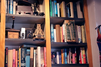A neatly arranged collection of vintage books and quirky gadgets on a wooden shelf