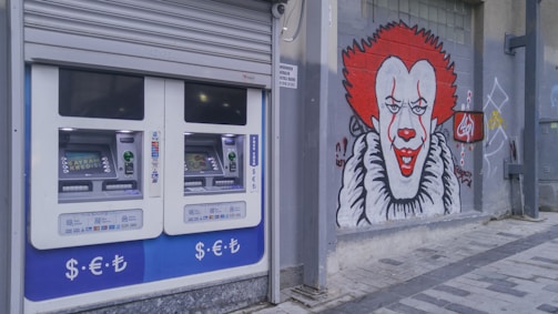 A pair of automated teller machines (ATMs) are mounted on an outdoor wall. Next to them, there is a large graffiti mural of a clown with red hair and a big smile painted on the gray wall. The ground is paved with stone tiles.