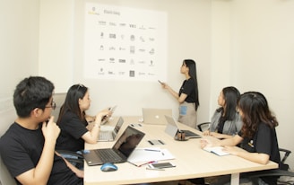 A group of five individuals are in a conference room engaging in a meeting. Four people are seated at a table with laptops and notebooks in front of them, while one person is standing and pointing at a projection on the wall displaying various company logos.