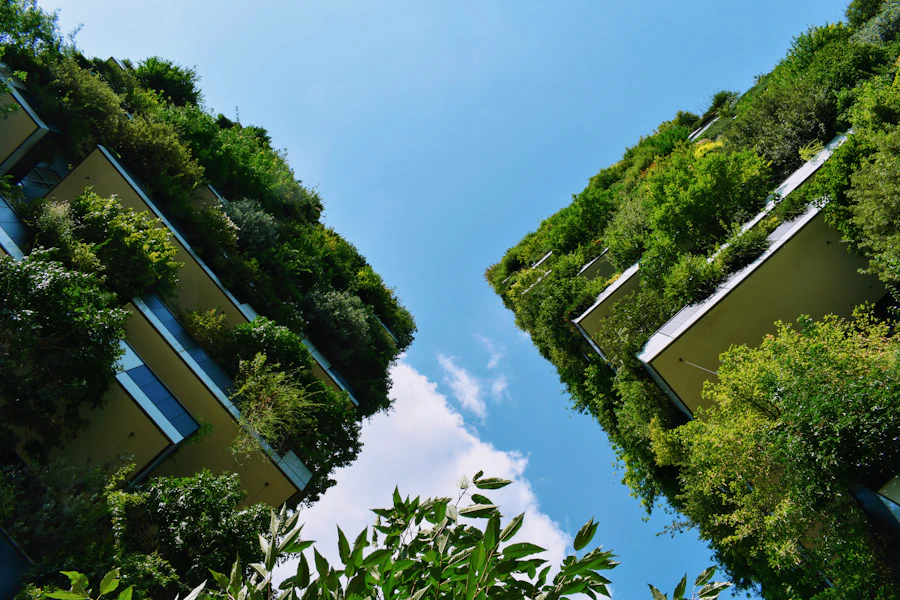 Low-angle view of a planted building facade