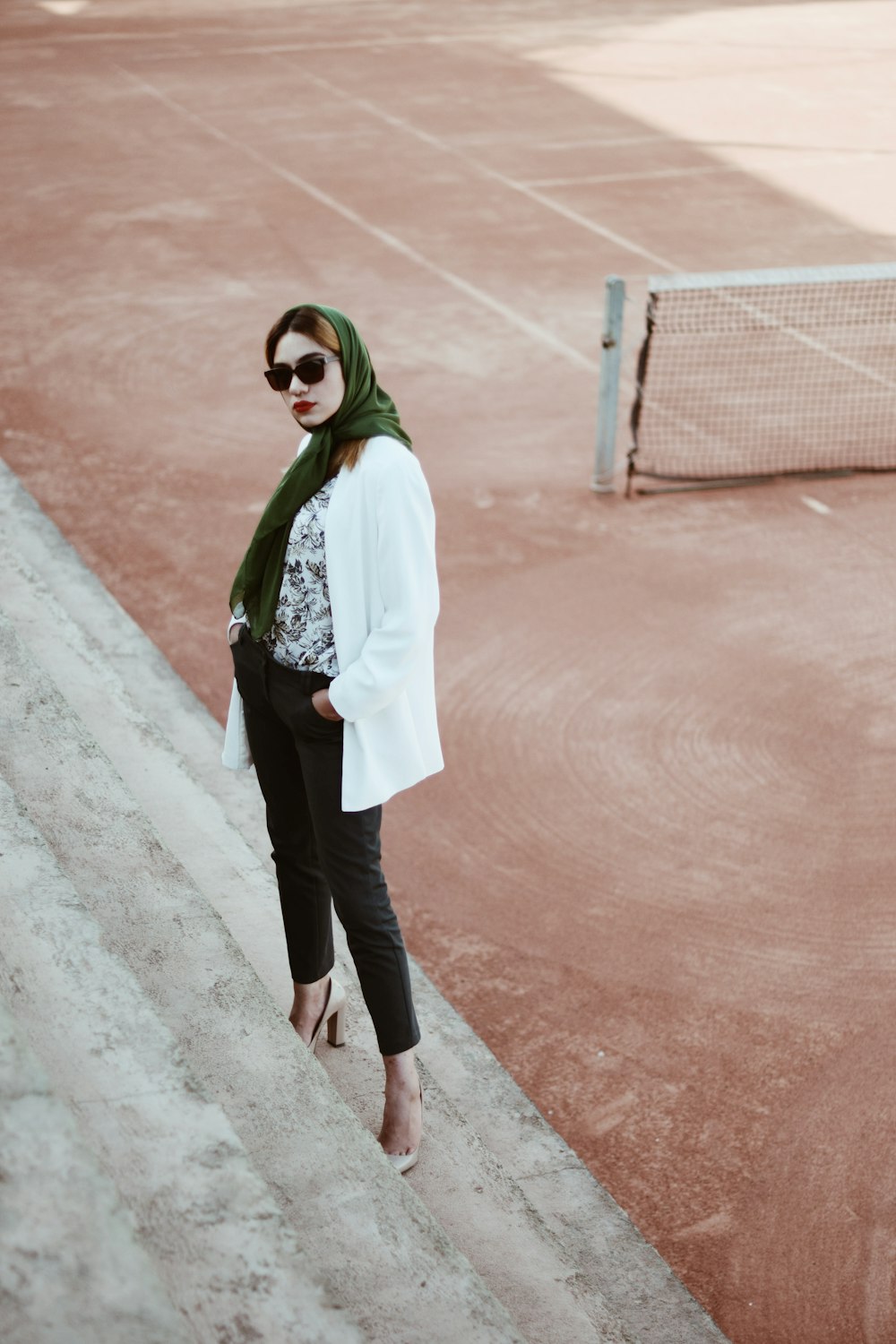 women's white coat and black pants