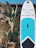 A large paddleboard with a white and blue design is propped upright against a light-colored wall. Next to the paddleboard, there is a tall potted plant with broad green leaves casting shadows on the wall. The background features a clear blue sky with part of a roof visible, suggesting a sunny day.