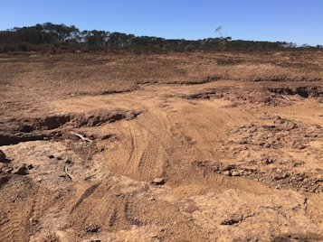 An expansive dry landscape features a terrain of rough and uneven dirt. The ground is a mix of brown and reddish hues, with visible tire marks extending across the area. Sparse vegetation is seen in the distance, with a few trees lining the horizon under a clear blue sky.