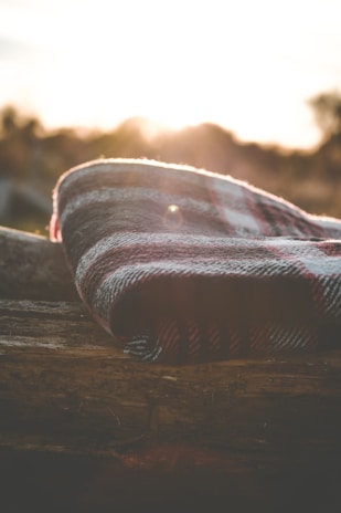 Side view of a handcrafted quilt ladder with blankets hanging, set against a backdrop of warm wooden logs.