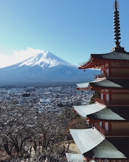 red, gray, and brown pagoda temple near mount fuji