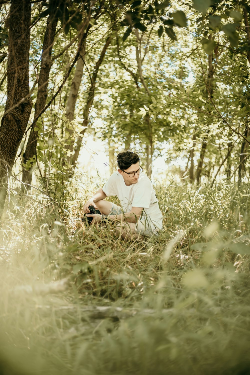 man sitting near green-leafed trees