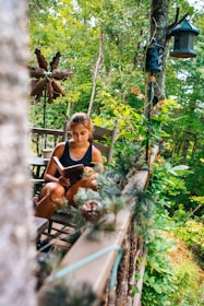 A serene outdoor reading space surrounded by nature.