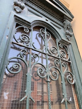 Ornate wrought iron bars with intricate scrollwork in a greenish hue cover a window against an old building facade. The window’s glass features a grid pattern, and the background reveals blurred brick buildings. The ironwork is detailed and slightly weathered, showcasing a rustic charm.