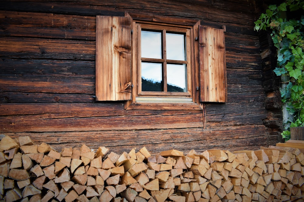 갈색 집에 갈색 나무로 되는 여닫이 창 패널