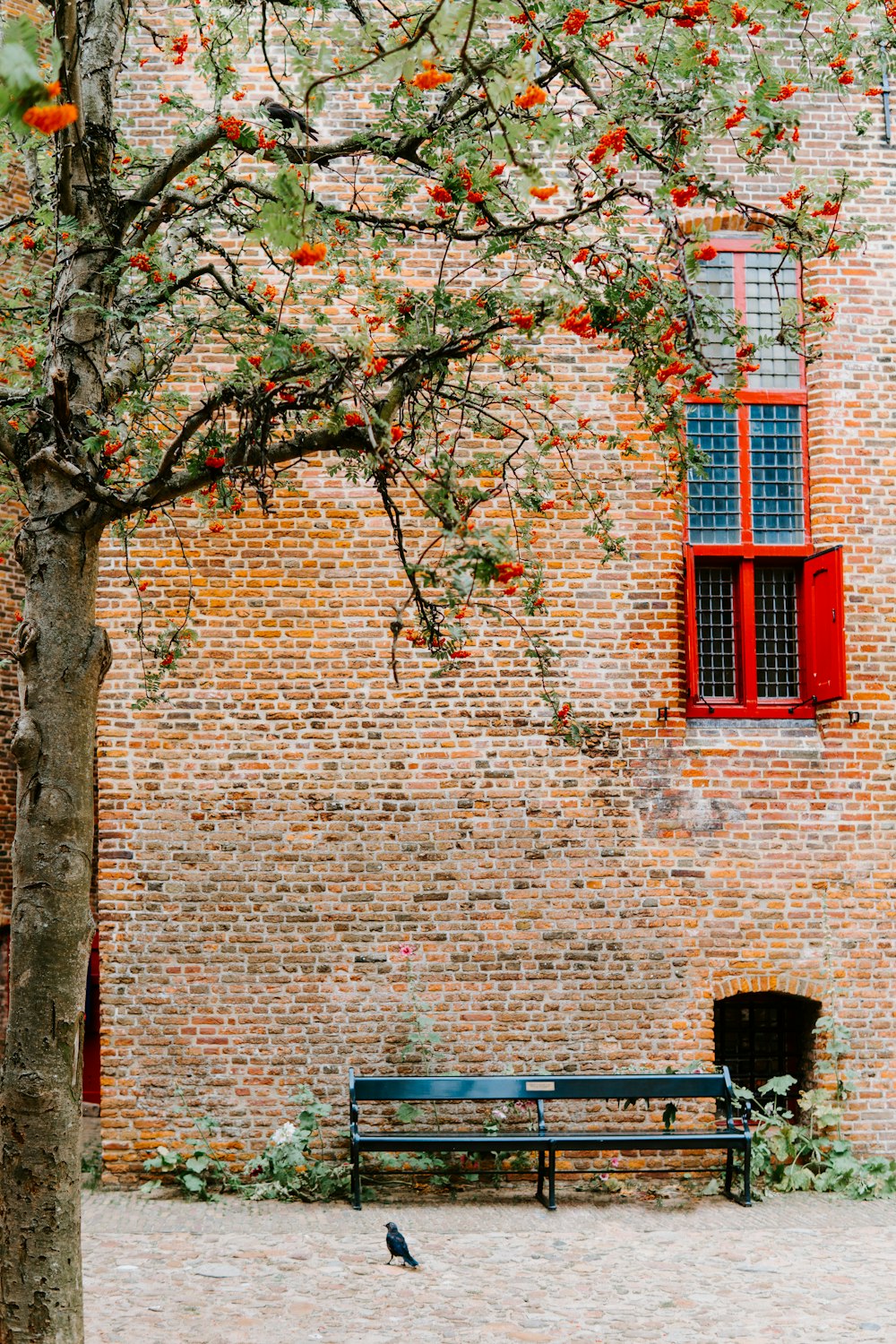 black bench beside brick wall