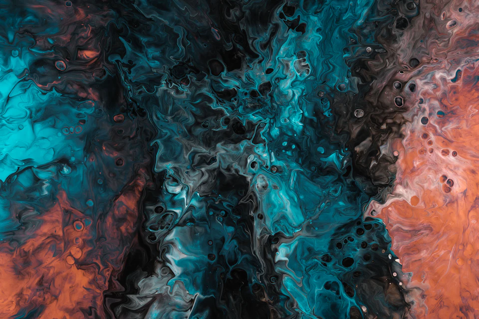 Vibrant abstract painting dominated by shades of blue and black with swirling motion