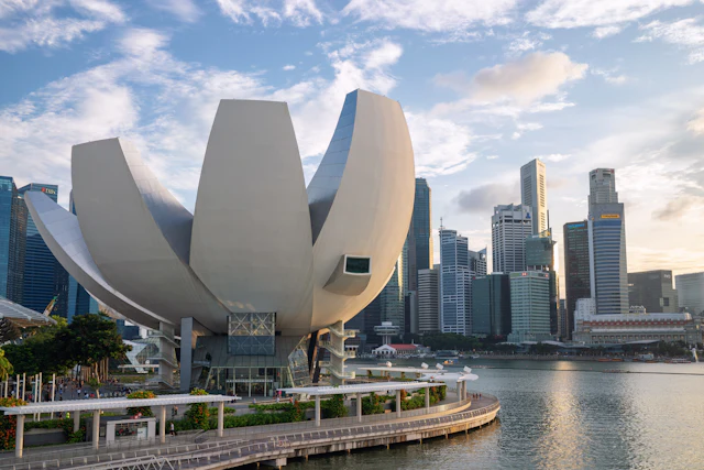 The ArtScience Museum and the bay skyline, sunny