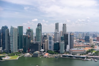 A panoramic view of a modern city skyline featuring tall skyscrapers and waterfront areas.