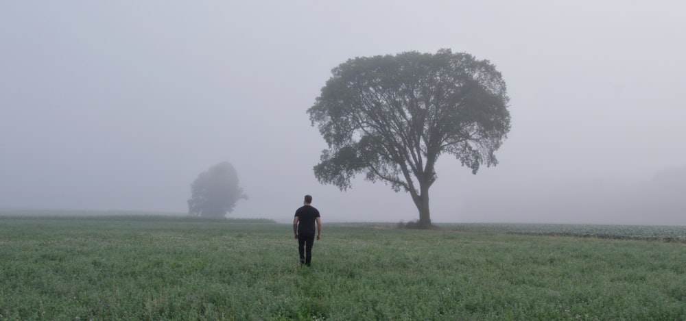 man standing on grass field near tree