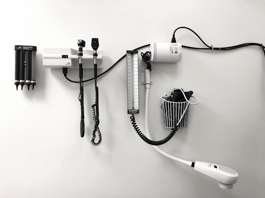 An assortment of medical devices displayed in a modern clinic setting.