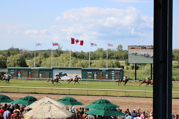 A horse racing event is taking place on a sunny day, with a racecourse surrounded by greenery. Several horses with jockeys are actively racing across the track. Spectators are gathered under shaded canopies in the foreground. Multiple flags, including a prominent Canadian flag, are flying above a scoreboard, and a large screen displays the race.