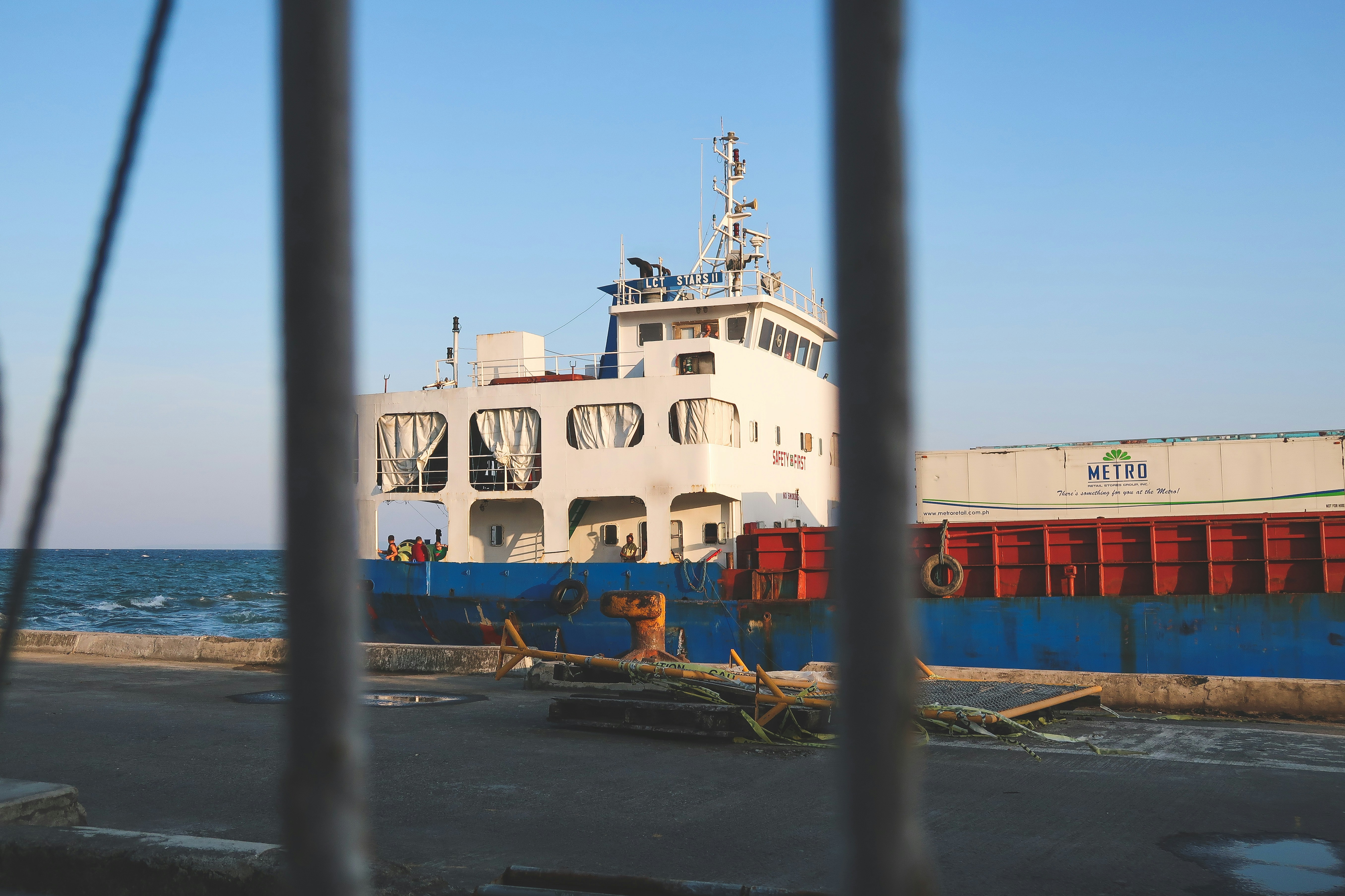 white and blue ship