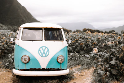 Eva and Andres smiling beside their blue kombi van on a mountain trail.