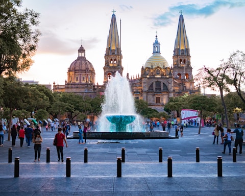 people near water fountain