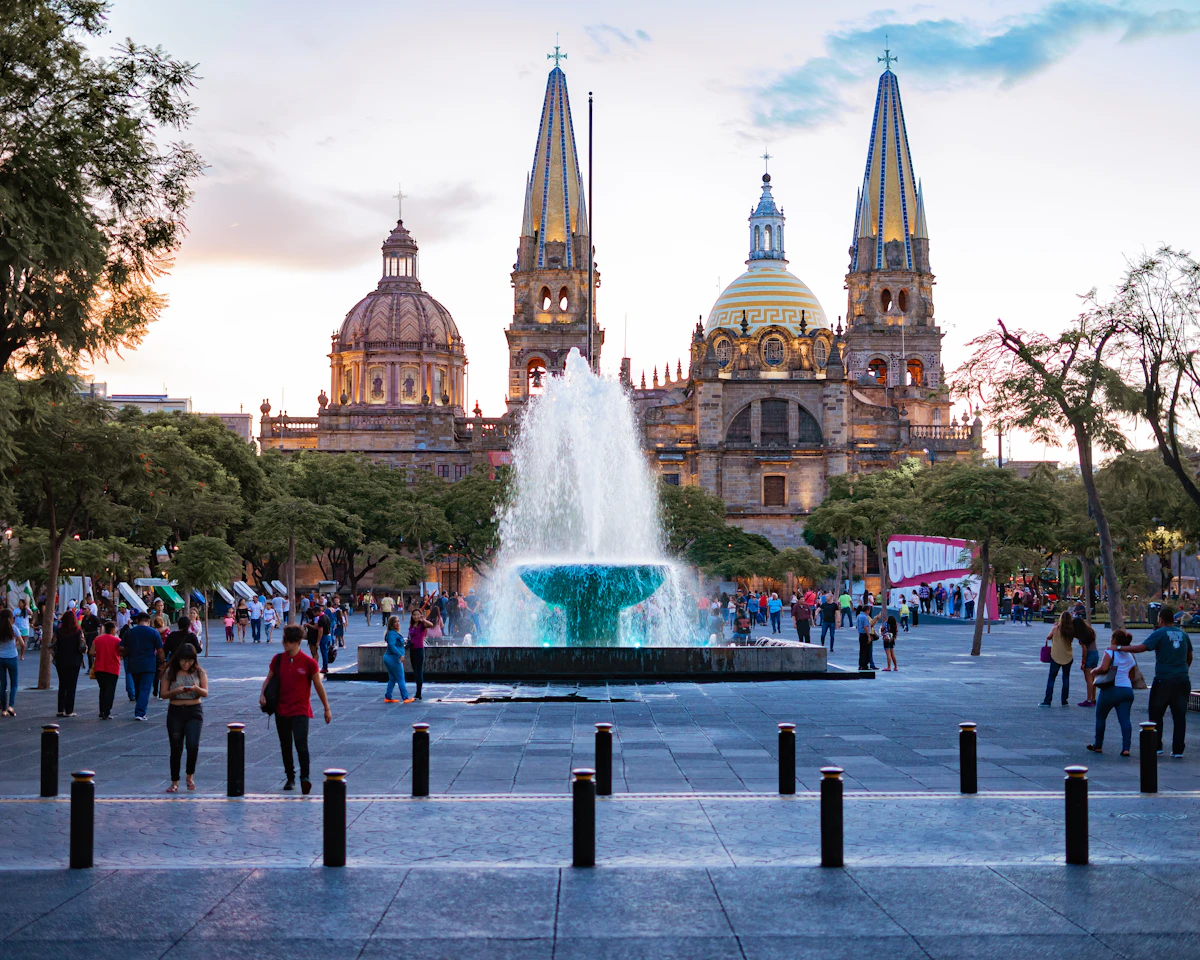 A colonial-era cathedral and plaza in Guadalajara, Mexico