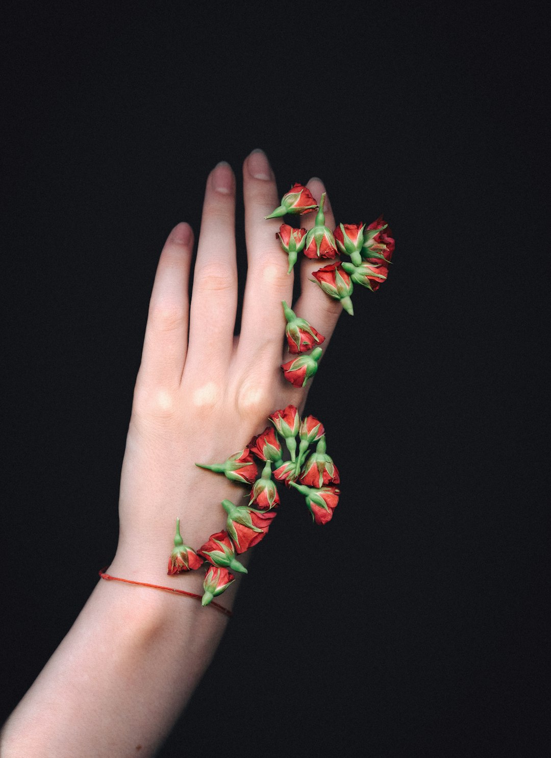 human hand with red flowers