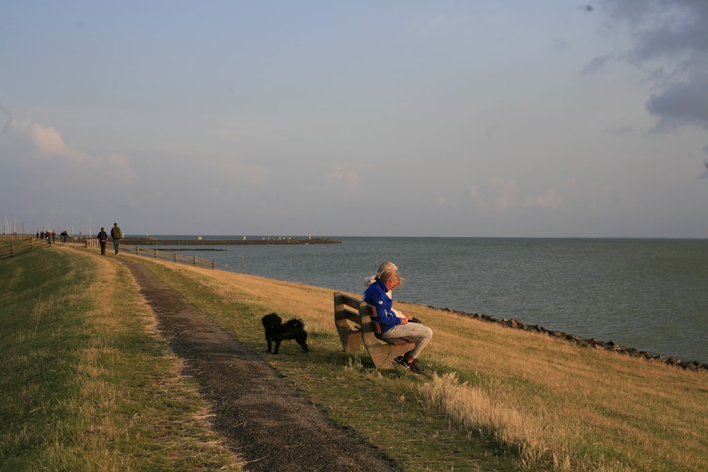 people sitting on bench beside body of water