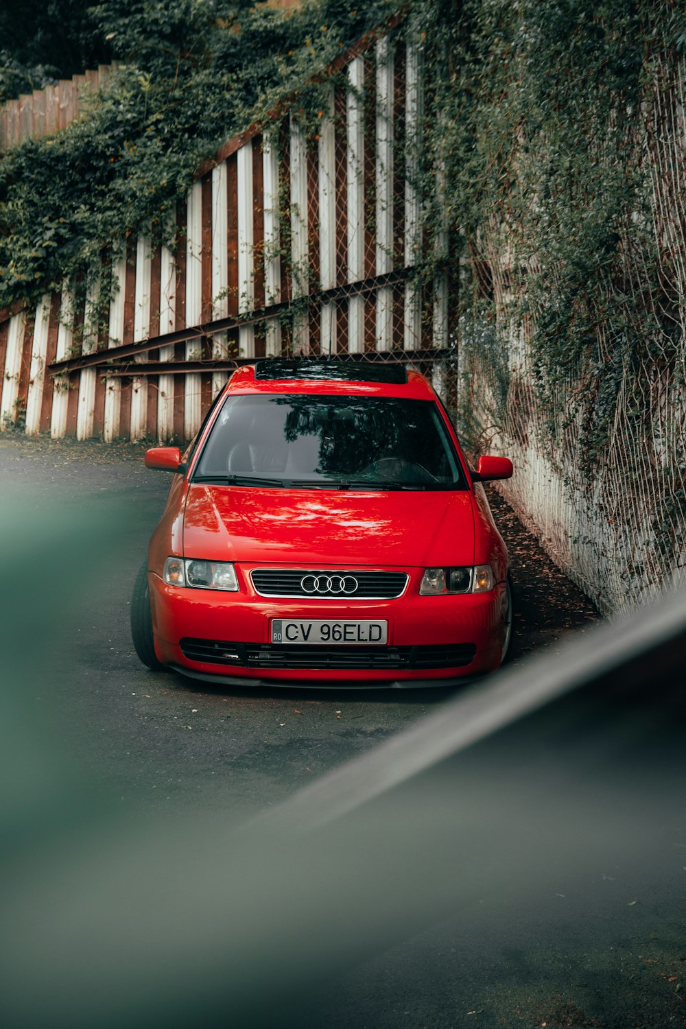 red Audi vehicle on road close-up photography