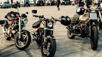 A group of vintage motorcycles lined up at a racetrack pit stop.