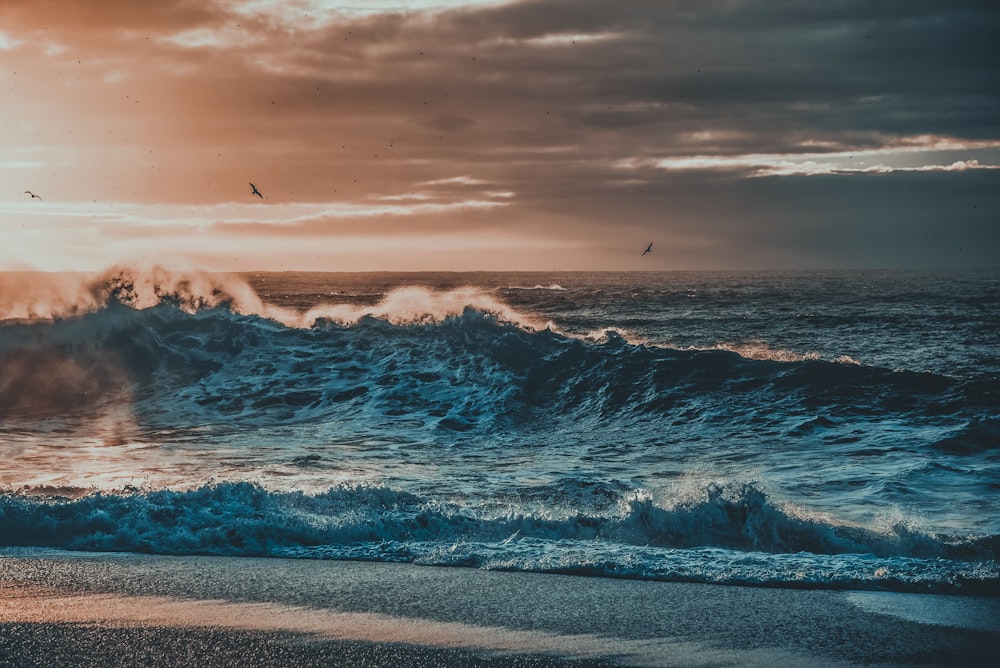 Il sole sta tramontando sulle onde dell'oceano