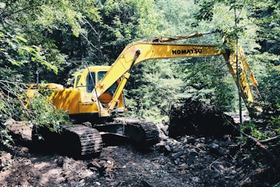 yellow Komatsu backhoe surrounded with tall and green trees