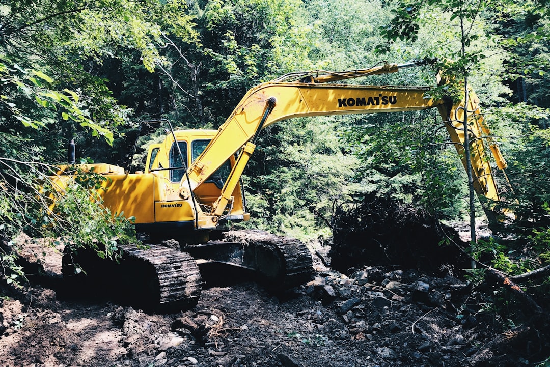 yellow Komatsu backhoe surrounded with tall and green trees