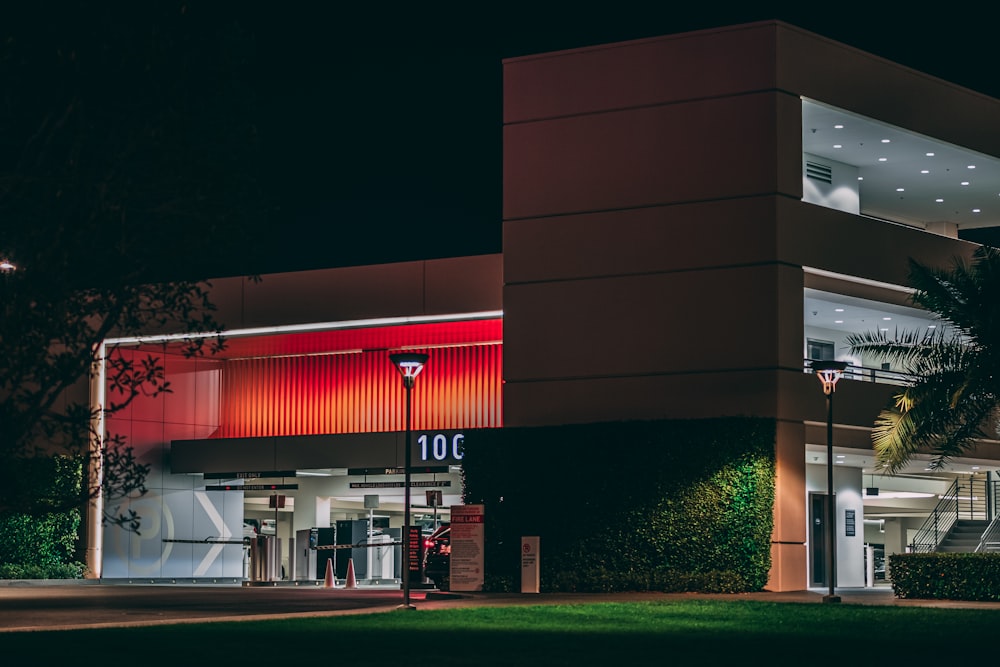 architectural photo of gray and red building