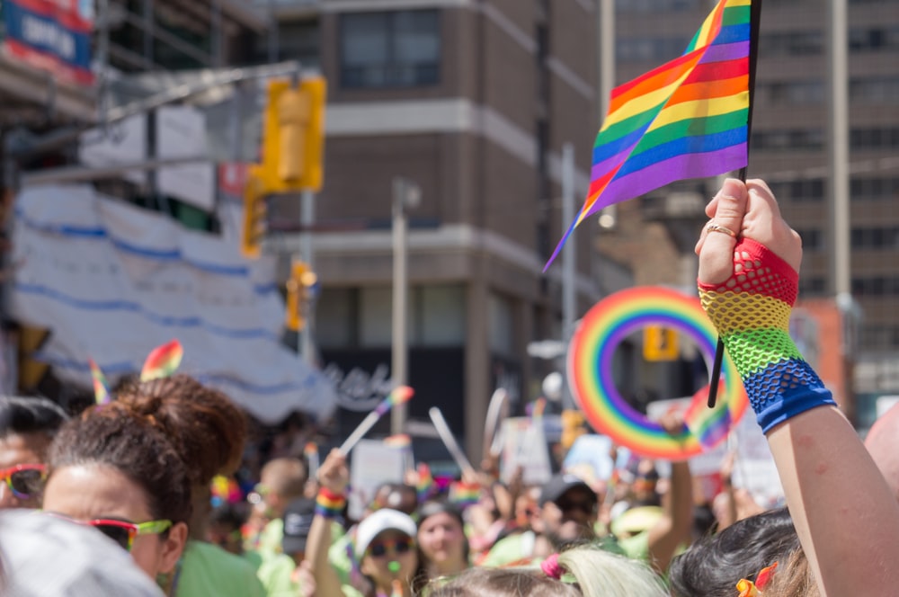 people waving pride flag