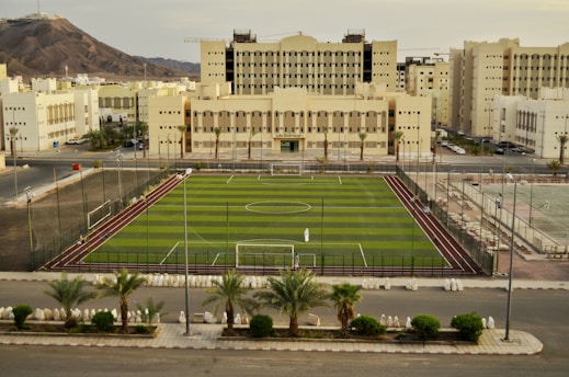 A well-maintained soccer field with green artificial turf is surrounded by a fence. The field is situated in an urban area with several large beige and white buildings in the background. A few palm trees line the street in front of the field, and a mountain range is visible in the distance under a cloudy sky.