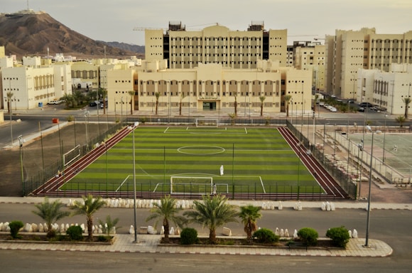 A well-maintained soccer field with green artificial turf is surrounded by a fence. The field is situated in an urban area with several large beige and white buildings in the background. A few palm trees line the street in front of the field, and a mountain range is visible in the distance under a cloudy sky.