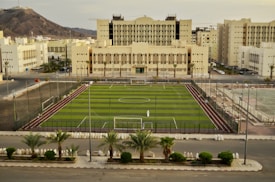 A well-maintained soccer field with green artificial turf is surrounded by a fence. The field is situated in an urban area with several large beige and white buildings in the background. A few palm trees line the street in front of the field, and a mountain range is visible in the distance under a cloudy sky.