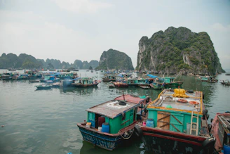 A scenic view of the Vietnamese coastline where fishing boats are anchored.