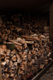 Stack of neatly cut 50 cm firewood logs in a rustic outdoor setting.