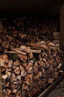A large stack of chopped firewood is neatly arranged under a shelter. The logs vary in size, with exposed cut surfaces showing shades of brown and beige. Some pieces have remnants of bark and moss, indicating the natural origin of the wood. The setting suggests a rustic or outdoor environment.