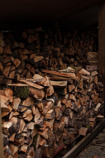 A large stack of chopped firewood is neatly arranged under a shelter. The logs vary in size, with exposed cut surfaces showing shades of brown and beige. Some pieces have remnants of bark and moss, indicating the natural origin of the wood. The setting suggests a rustic or outdoor environment.
