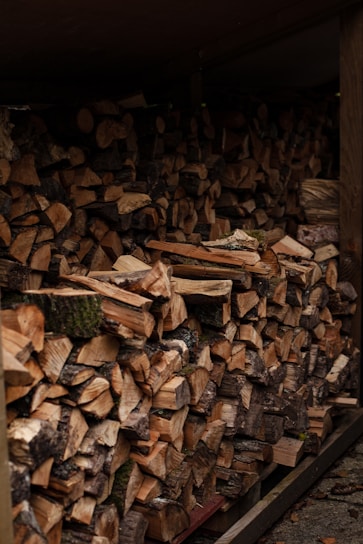 A stack of firewood neatly arranged in a rustic setting.