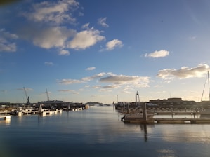 A calm marina with a motorboat docking smoothly under clear skies.