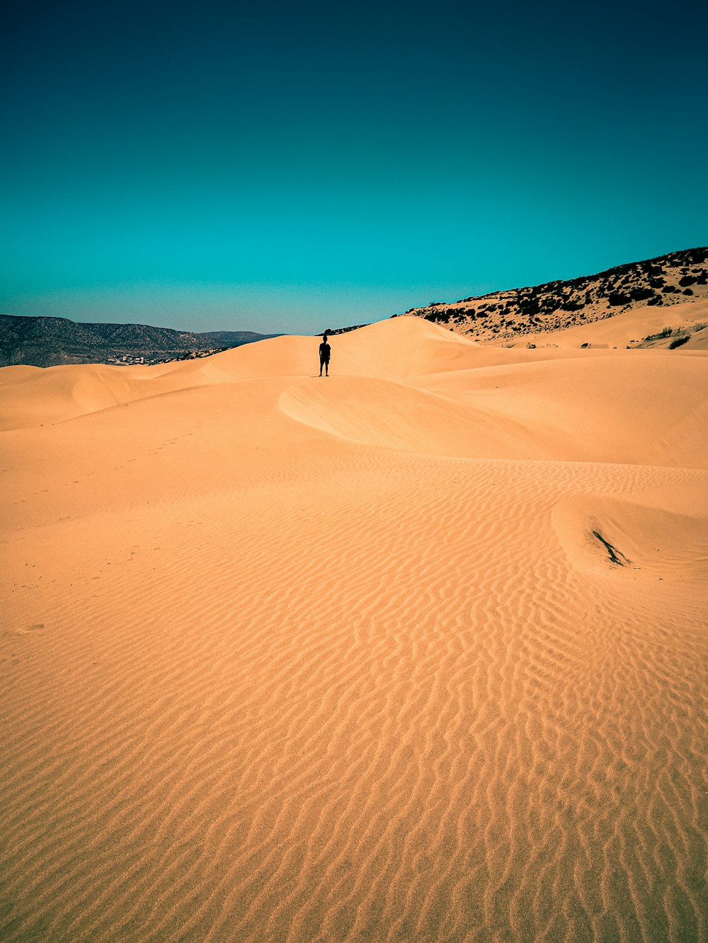 person standing on desert dune