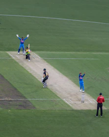 people playing cricket in a field during daytime