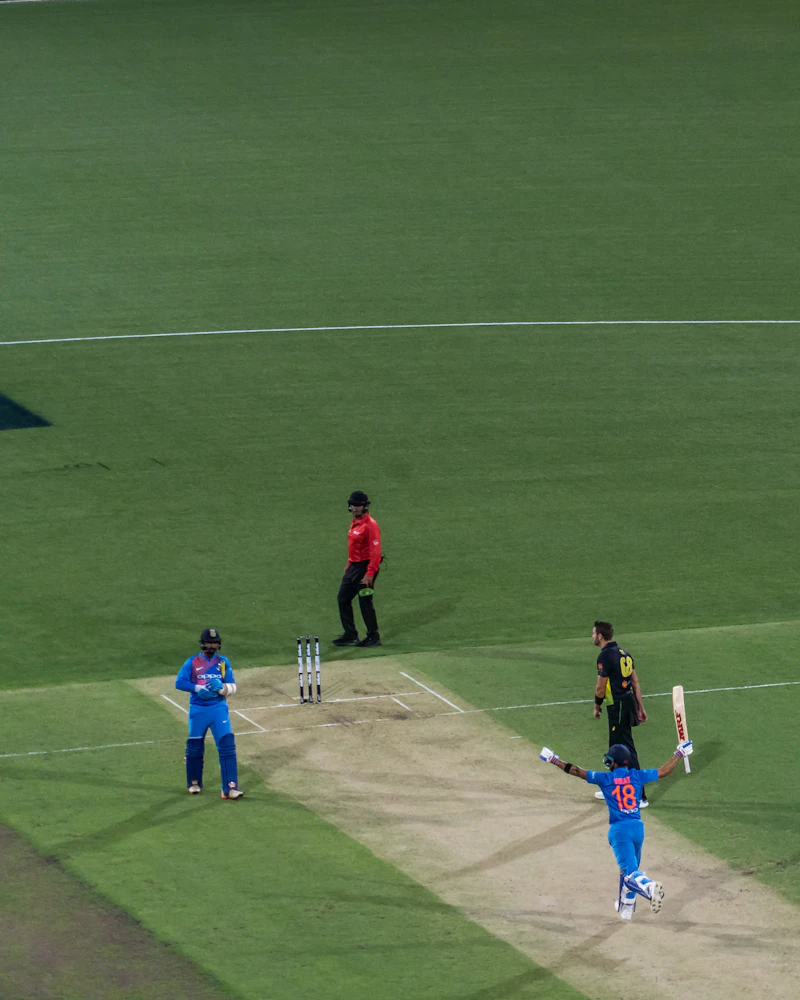 Cricket match in progress on a green field