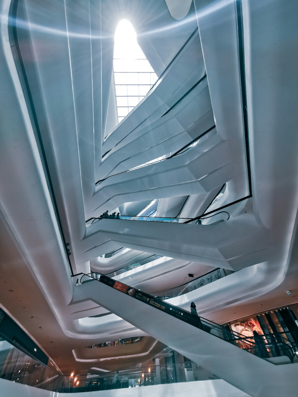 the ceiling of a building with a lot of windows